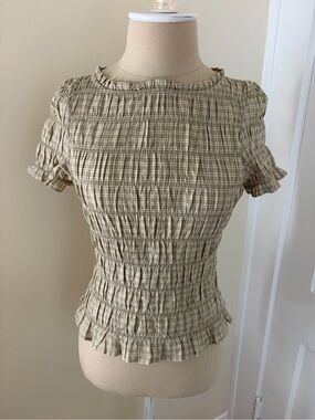 Princess Polly Beige Green Smocked Plaid Short Sleeve Top